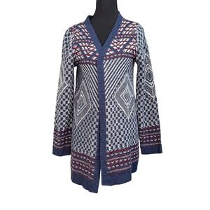 Women's Jacquard Knit Cardigan Sweater Hippie Rose Sz-M Navy Geometric Boho